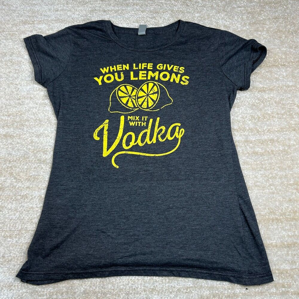 Instant Message T-Shirt Womens L Charcoal Lemons Vodka Graphic Short Sleeve